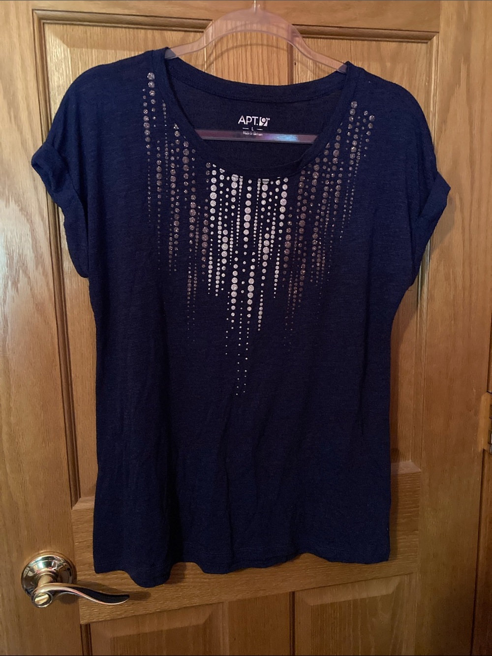 Apt. 9 Navy Short Sleeve Scoop Neck Tee with Silver Stud Cascade